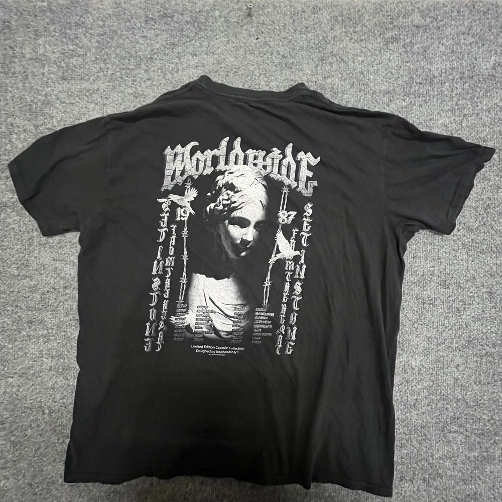 BoohooMAN T-Shirt Mens Size XL Black Worldwide Graphic Back Print Streetwear Tee